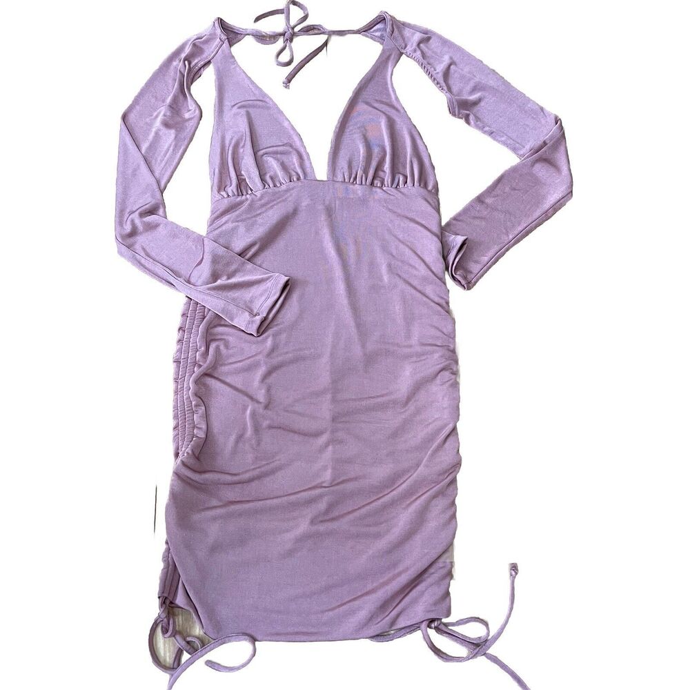 Luxxel Ruched Mini Dress Size L Pink Mauve Low Plunge Long Sleeve Party Cut Out
